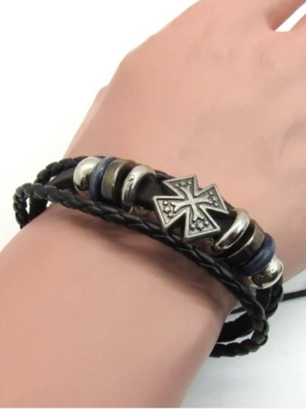 Black Braided Leather Cross Bracelet for Men